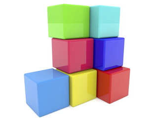  Corner of toy cubes in various colors on white