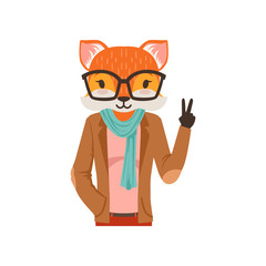 Cute fashion fox guy character showing victory sign, hipster animal flat vector illustration