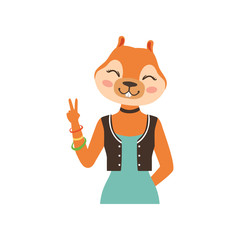 Cute fashion fox girl character showing victory sign, hipster animal flat vector illustration