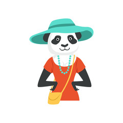 Cute fashion panda bear girl character, hipster animal flat vector illustration