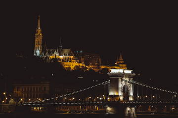 Obraz premium Hungary, Budapest, night city view..Europe, old town, night life. Bridge across Danube and Buda Castle.