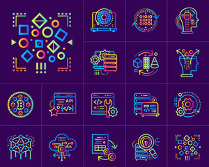 Linear icon set of Data science technology and machine learning process. Material design icon suitable for print, website and presentation