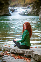 Gorgeous sexy young lady walk at nature park. Woman wearing casual nice style. Sweet women with fashionable figure rest on the mountains, harmony mood