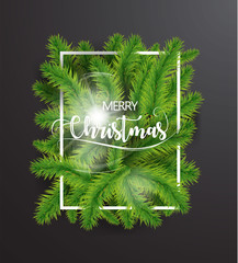 Merry Christmas text with tree branches and white border on dark background. EPS vector illustration.