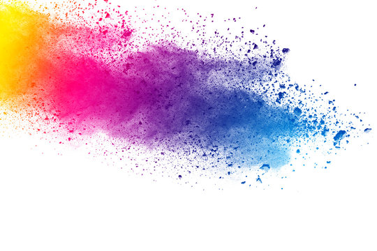 abstract color powder explosion on  white background.Freeze motion of color powder splash.