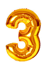 Number three golden balloon isolated on white