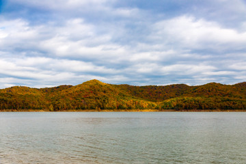 Autumn season at lake with beautiful forest on overcast day