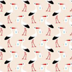 Seamless Baby Pattern Stork Boy Beige