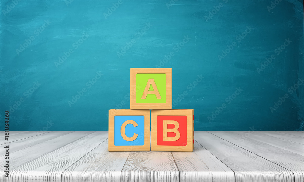 Poster 3d rendering of three toy blocks of different colors with letters a, b and c on them standing on a w