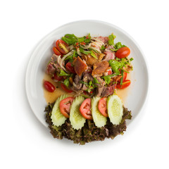 Roasted pork belly spicy salad isolated on white back ground