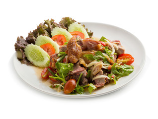 Roasted pork belly spicy salad isolated on white back ground