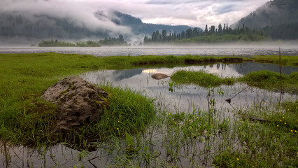 view of the lake in the fog early in the morning