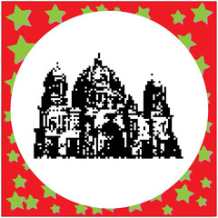 Cathedral in Berlin or Berliner Dom in Germany black 8-bit  vector illustration isolated on round white background with stars
