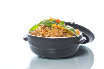 Pilaf with beef, carrots, onions, garlic, pepper and cumin.