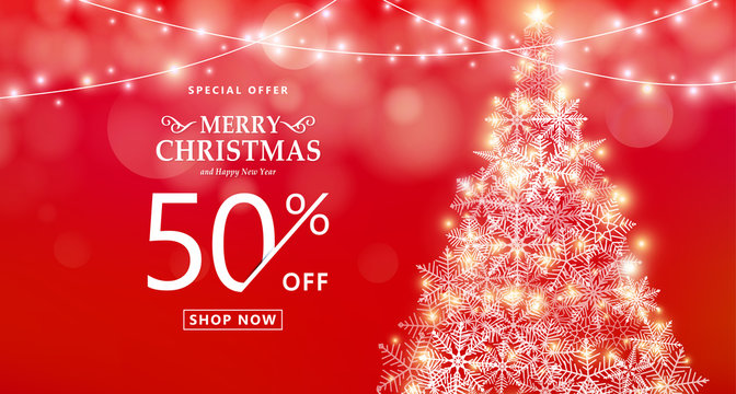 Christmas sale banner. Special offer, discount type text, 50 off