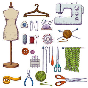 Set of tools for needlework and sewing. Handmade equipment and needlework accessoriesy, colorful sketch illustration. Vector