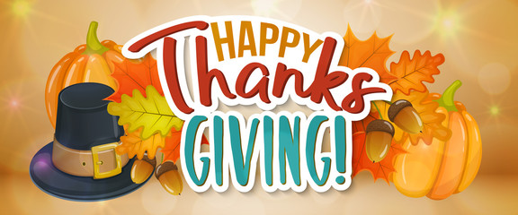 Thanksgiving day greetings and autumn leaves, cartoon illustration. Thanksgiving Day background for decoration. Vector © DruZhi Art