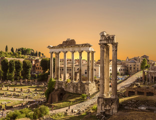View of the ruins of a Roman forum with famous sights, Rome, Italy