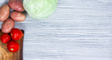 Vegetables on an old wooden table, ingredients, top view, copy space
