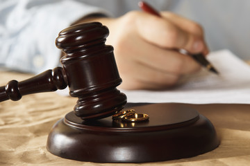 Divorce decree and wooden gavel 