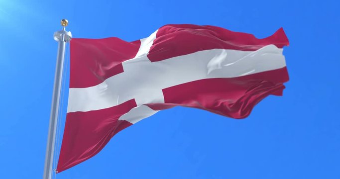 Flag of the Kingdom of Denmark waving at wind with blue sky, loop