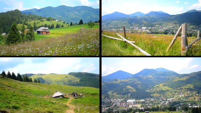 Epic mountain landscape Carpathian scenery and old wooden fence in the foreground. Multicam split screen group video wall collage montage seamless loop.