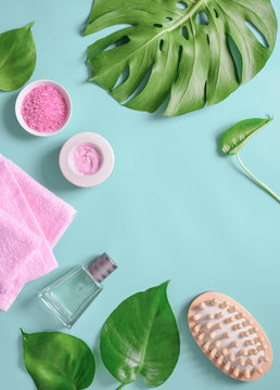 Spa background, flat lay layout with monstera leaves and cosmetic care products