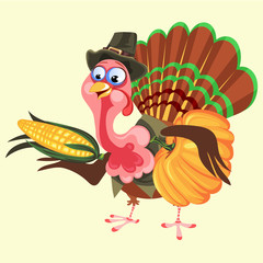 Cartoon thanksgiving turkey character in hat holding harvest, autumn holiday bird vector illustration happy greeting text on flyer or card on background