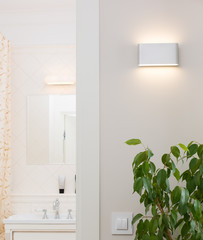 Wall lamp in a stylish bright interior. White switch and an ornamental plant