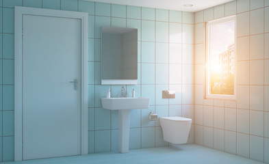 Fototapeta na wymiar Modern bathroom with large window. 3D rendering. Sunset.