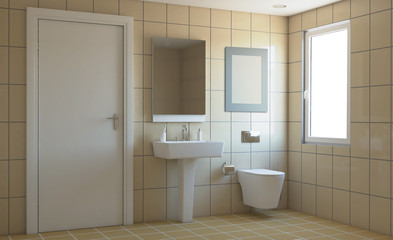 Fototapeta na wymiar Modern bathroom with large window. 3D rendering. Empty picture.