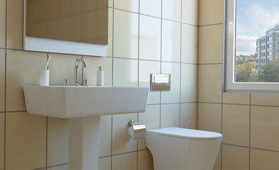 Modern bathroom with large window. 3D rendering.