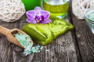 Spa treatments on a wooden table.