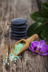 Sea salt, spa stones and orchid