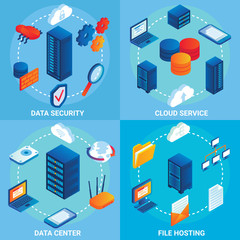 Data center concept vector isometric poster set