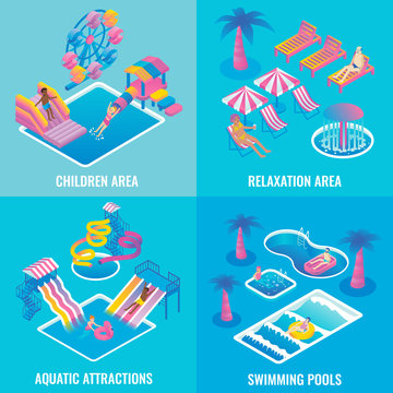 Water park vector flat isometric poster set