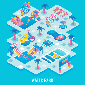 Water park concept vector flat isometric illustration