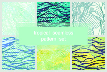 seamless tropical pattern made up of Monstera deliciosa plant leaves and abstract waves, vector