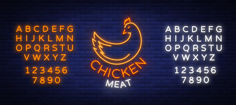 Logo Chicken meat, emblem, sign in neon style isolated, vector illustration. Neon banner, bright neon sign, glowing night advertisement, chicken meat, barbecue, grill. Editing text neon sign