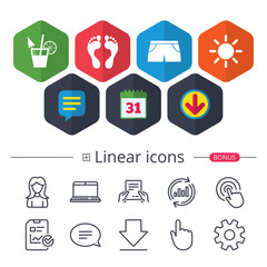 Beach holidays icons. Cocktail, human footprints.