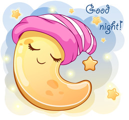 Cute cartoon crescent in the pink cap sleeping. Vector illustration is suitable for greeting cards and prints on t-shirts.