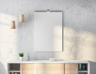 Calendar blank on the white brick wall, white room mockup 3d rendering
