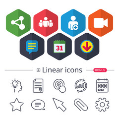 Group of people and share icons. Video camera.