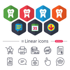 Tooth happy, sad and crying face icons.