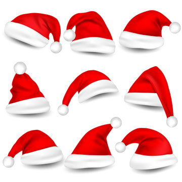 Christmas Santa Claus Hats With Shadow Set. New Year Red Hat Isolated on White Background. Vector illustration.