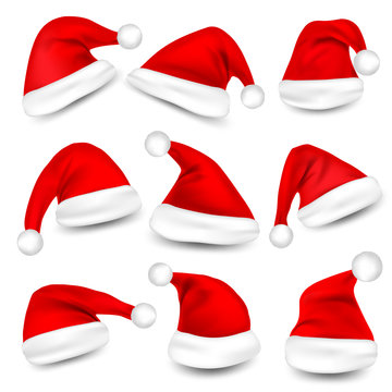 Christmas Santa Claus Hats With Shadow Set. New Year Red Hat Isolated on White Background. Vector illustration.