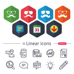 Mustache and Glasses icons. Hipster symbols.