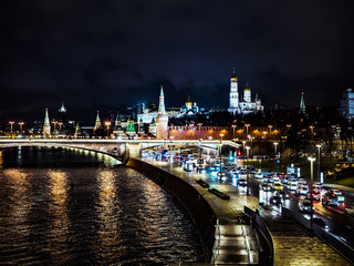 night time city moscow kremlin traffic bridge over the river red square
