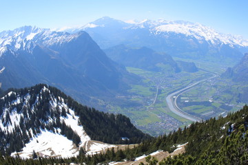 Aerial view of Liechtenstein (Upper Rhine valley), taken from the Alpspitz peak in Gaflei village in the municipality of Triesenberg.
