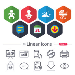 Moon and stars. Baby infant icon. Buggy, dummy.